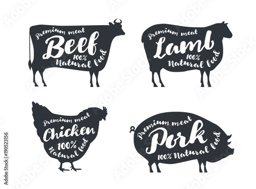 Set of farm animals with sample text. Silhouettes hand drawn animals: cow, sheep, pig, chicken. Premium meat. Vector logotype design.