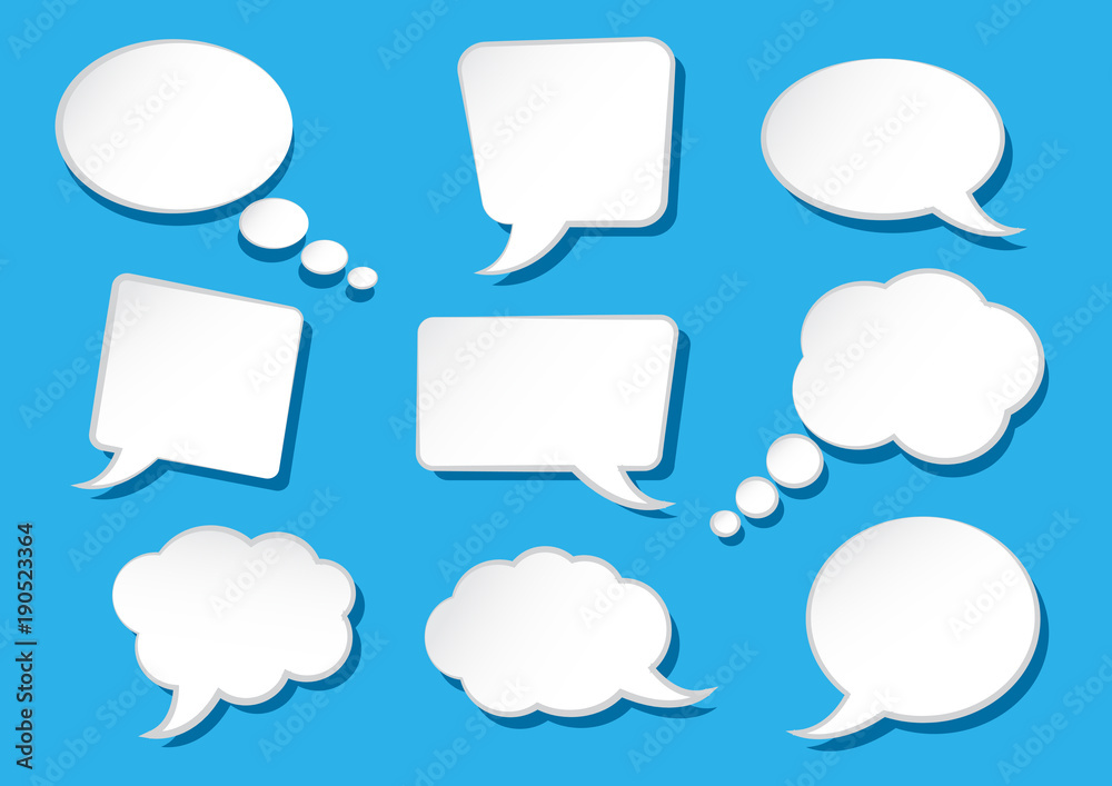 White speech bubbles collection on blue background. Blank empty speech bubbles for your text. Vector illustration White speech bubbles collection on blue background. Blank empty speech bubbles for your text. Vector illustration
