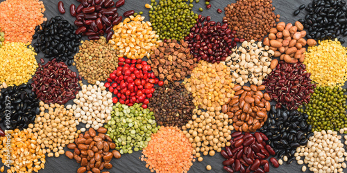 Multicolor dried legumes for background, Different dry bean organic for eating healthy photo