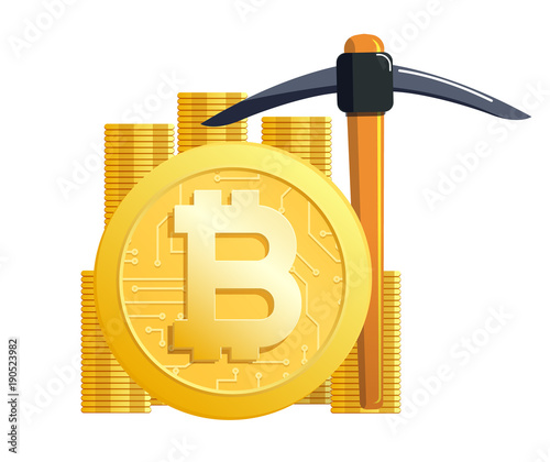Golden bitcoin and pickaxe