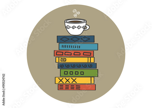 Books stack with white cup of hot tea in circle. Different color books pile. Vector illustration.