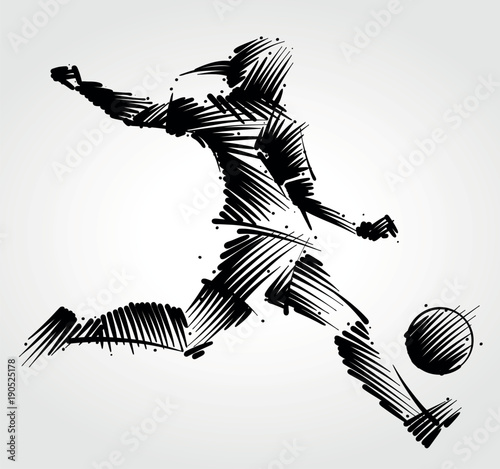 Female soccer player kicking the ball made of black brushstrokes on light background photo