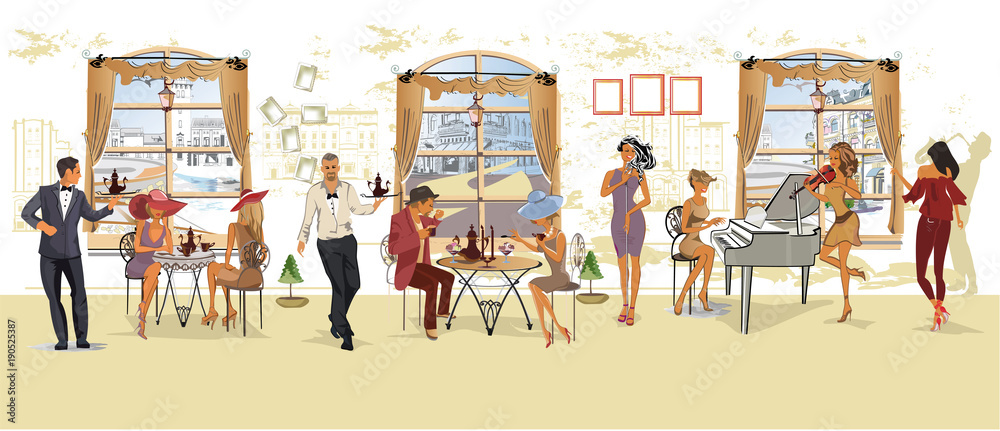 Naklejka Szereg osób pijących kawę w romantycznej kawiarni, muzyków jazzowych, kelnerzy serwują stoły. Ręcznie rysowane ilustracje.