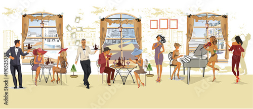 Series of people drinking coffee inside romantic café, jazz musicians, waiters serve the tables. Hand drawn illustrations.
