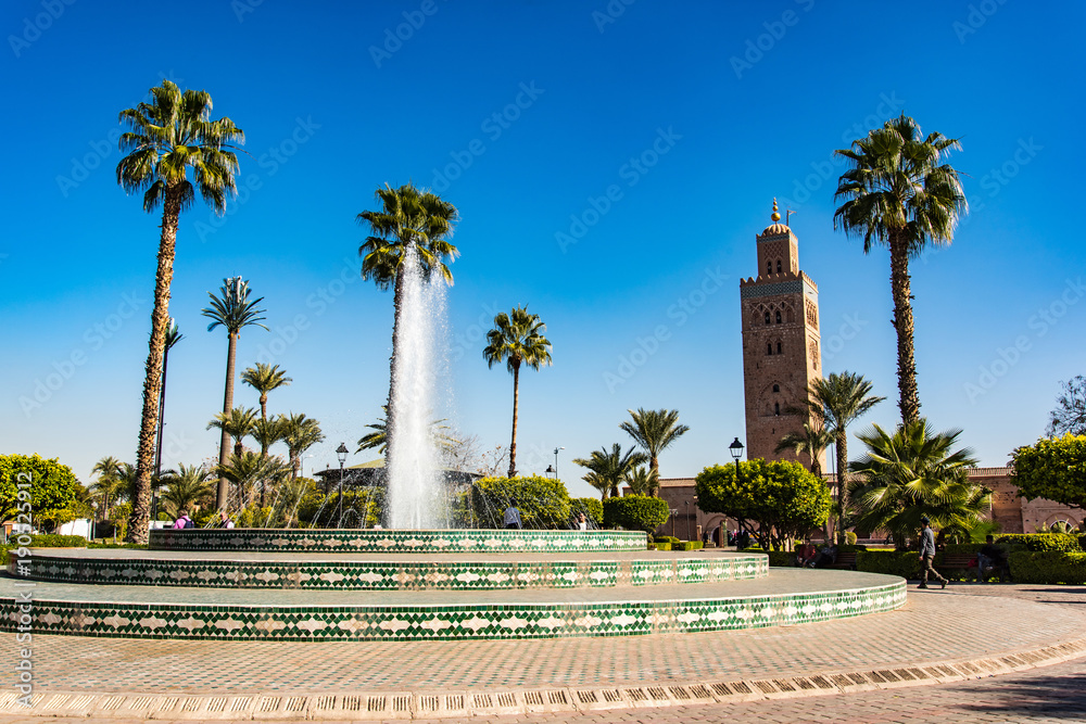 Koutoubia Mosque gardens and fountain, Marrakesh,Morocco