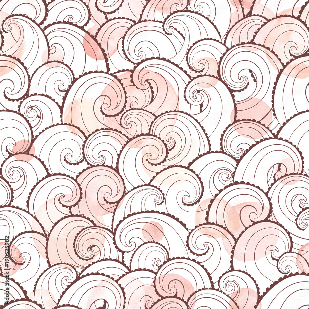 Marine background. Sea waves seamless pattern. Nautical cartoon background. Abstract swirls with watercolor background.
