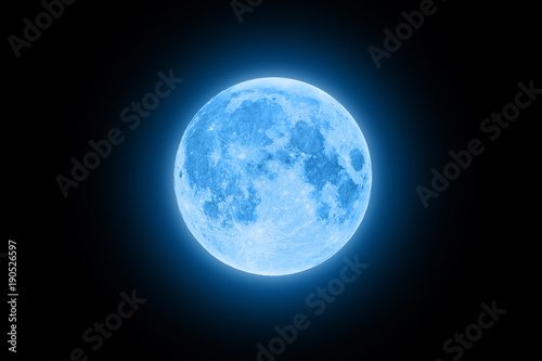 Blue super moon glowing with blue halo isolated on black background