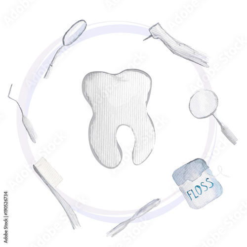 Vector dentistry instruments and oral care concept. Elegant simple illustrations of  watercolor close-ups of tooth, floss, toothbrush and dental mirror, spatula, probe, turbine handpiece.