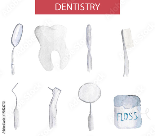 Set of vector dentistry instruments and oral care kit. Elegant simple illustrations of  watercolor close-ups of tooth, floss, toothbrush and dental mirror, spatula, probe, turbine handpiece.
