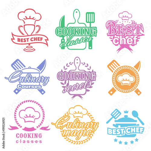Cooking classes labels logos set. Best chef emblem design elements