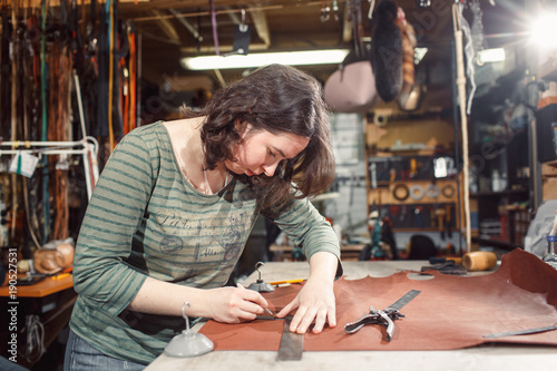 Working process in the leather workshop.