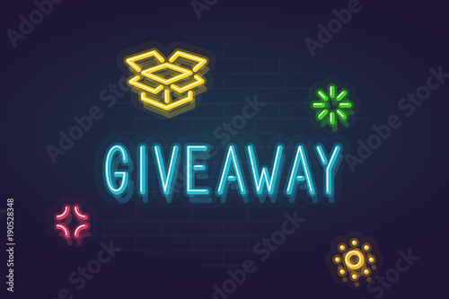 Neon giveaway sign. Glowing word with present box and shining stars around for text. Line art style neon illustration on brick wall background.