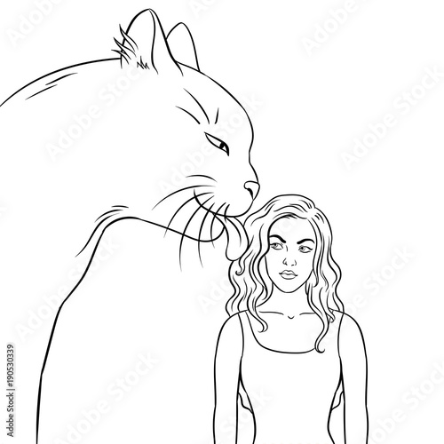Cat licks girl coloring book vector illustration