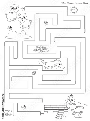 Three little pigs maze game coloring vector