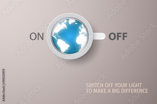 Earth hour poster. Earth Hour concept globe in Cup Of Coffee And Abstract On Off Switcher. 