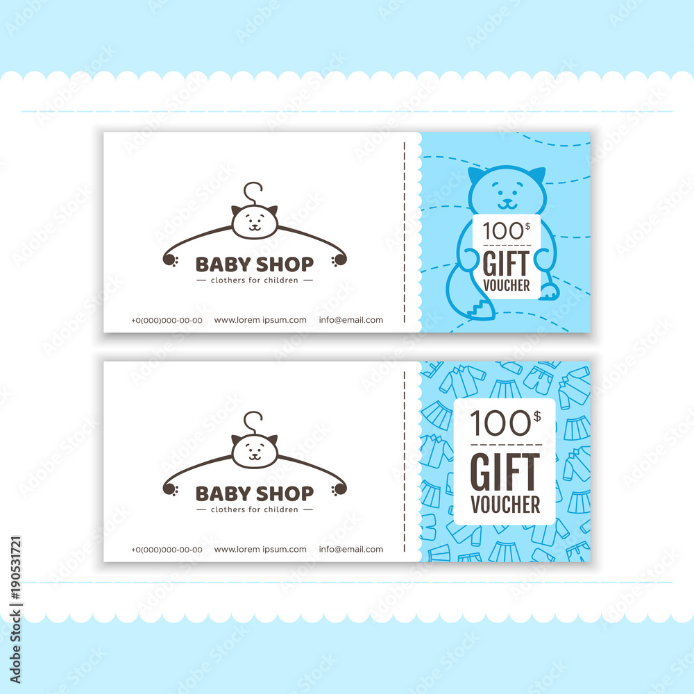 Gift voucher for baby shop. Logo with head of a cat. Vector illustration in cartoon style