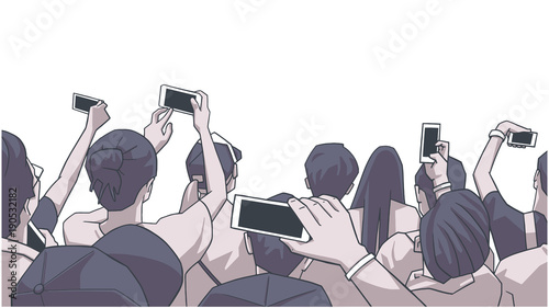 Stylized drawing of party crowd at concert cheering and recording