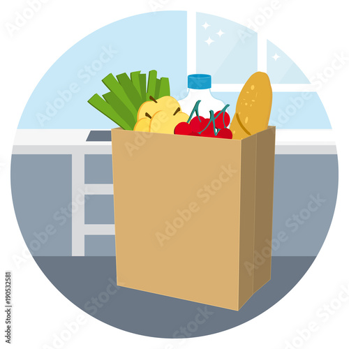 Home delivery service. Paper bag filled with food vector icon.