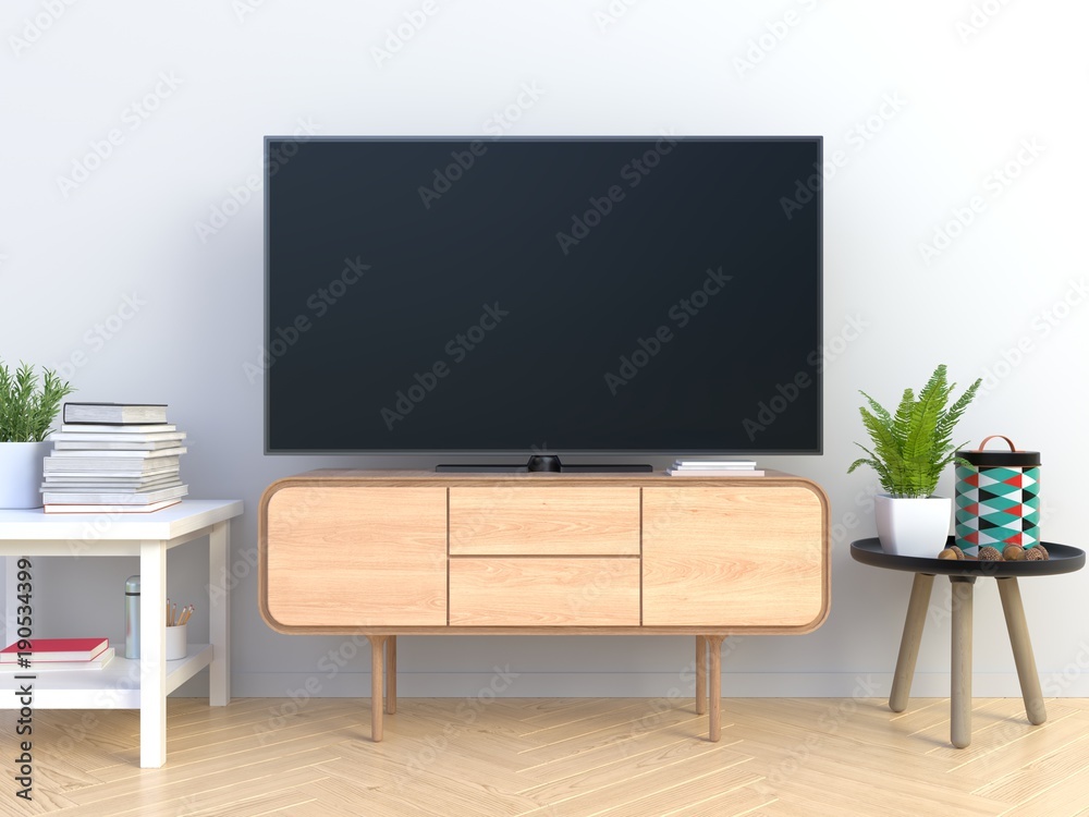 Mock Up tv in modern empty room white wall background. 3D rendering.