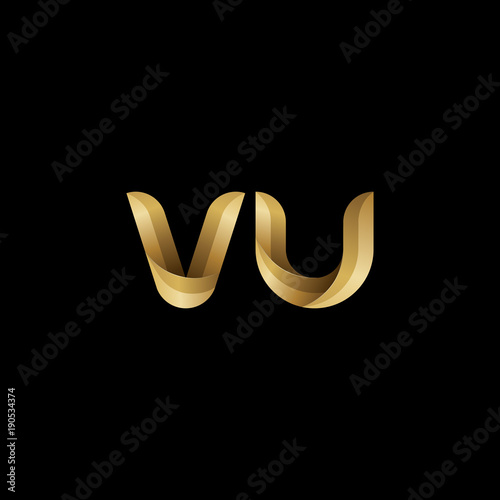 Initial lowercase letter vu, swirl curve rounded logo, elegant golden color on black background