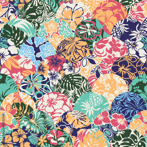 Hawaiian style vector seamless patchwork pattern with hibiscus and leaves