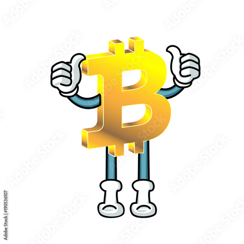A bitcoin character stand with thumps up. White background.