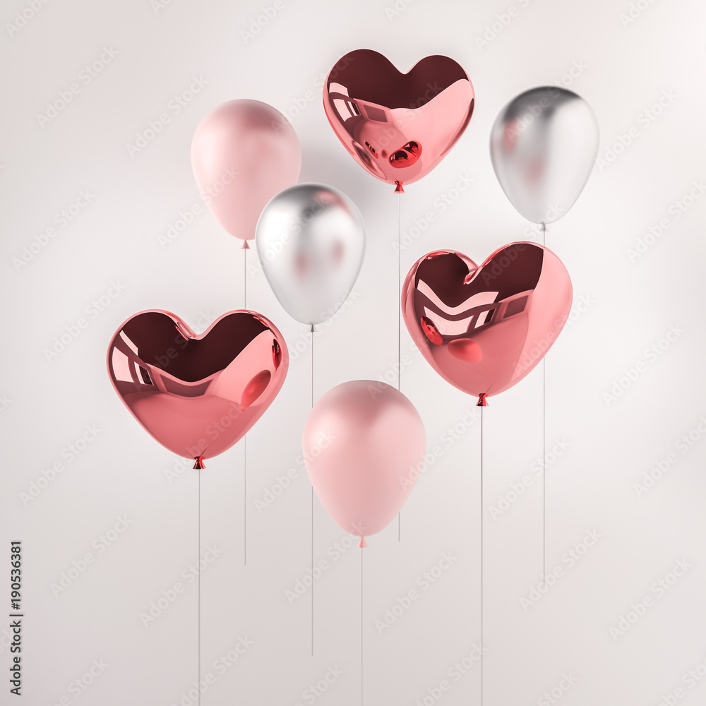 Set of pink and silver glossy 3d realistic balloons in heart shape on ...