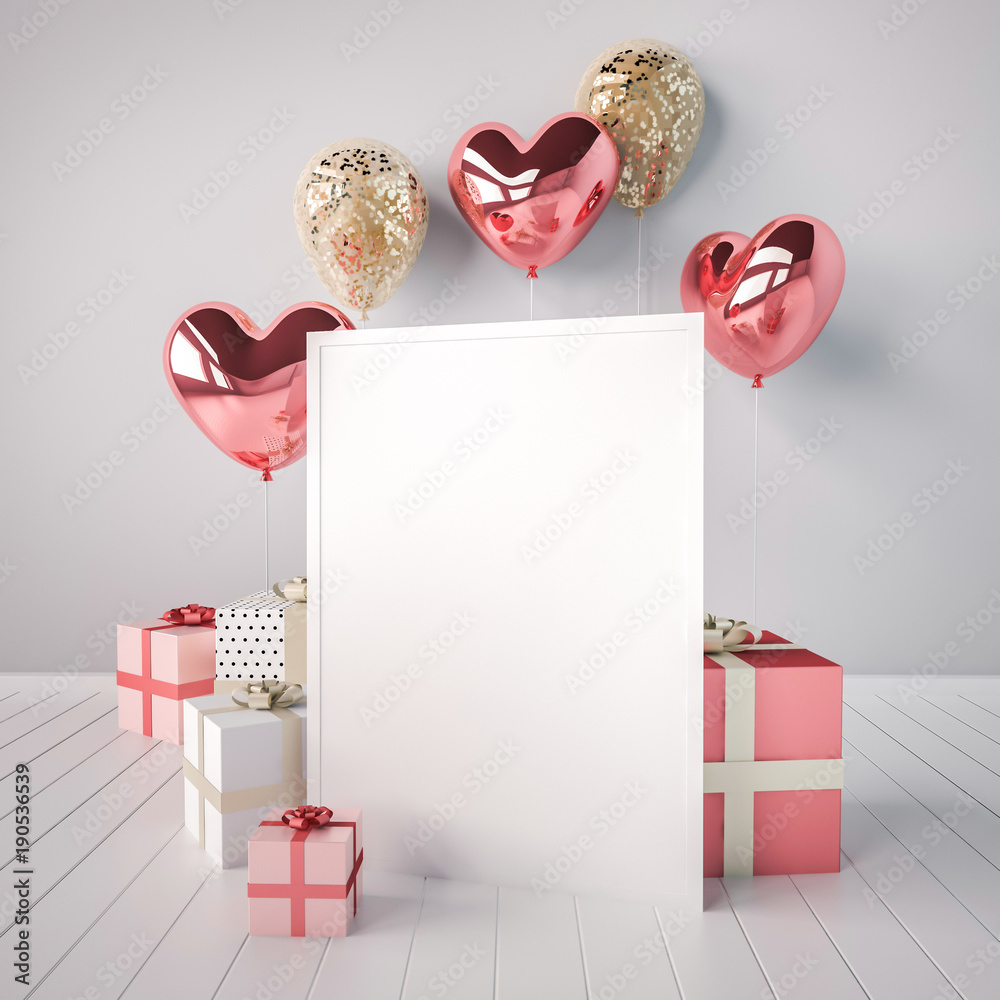 Poster mock up with pink and golden glossy 3d realistic balloons in ...