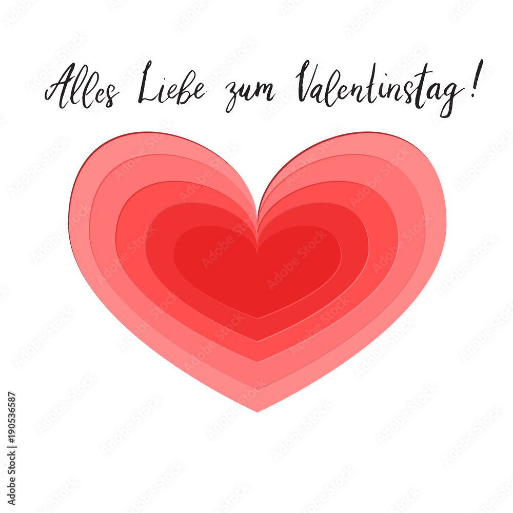 Allez Liebe zum Valentinstag Happy Valentines day hand written brush lettering with paper cut style heart design.