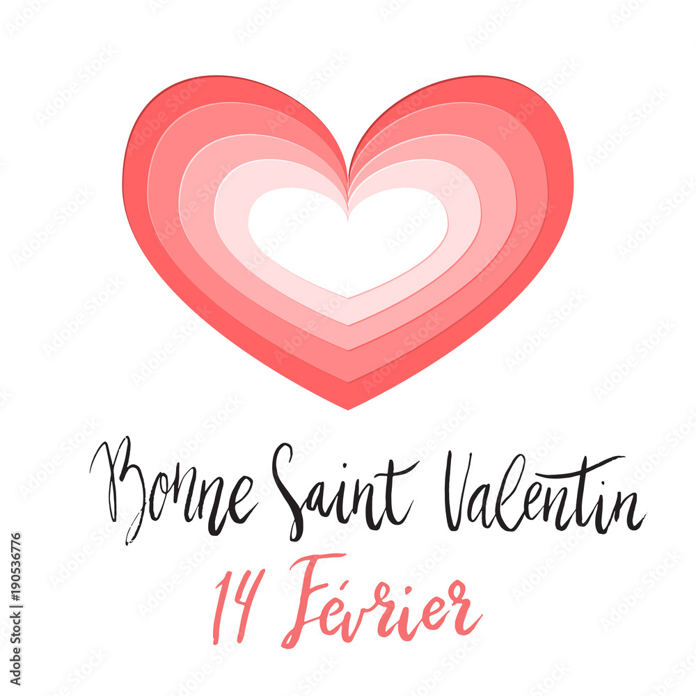 Bonne Saint Valentin Happy Valentines day hand written brush lettering with paper cut style heart design. Bonne Saint Valentin Happy Valentines day hand written brush lettering with paper cut style heart design.