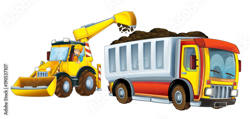 cartoon scene with excavator loading soil on a truck - worker in the window of a car - on white background - illustration for children