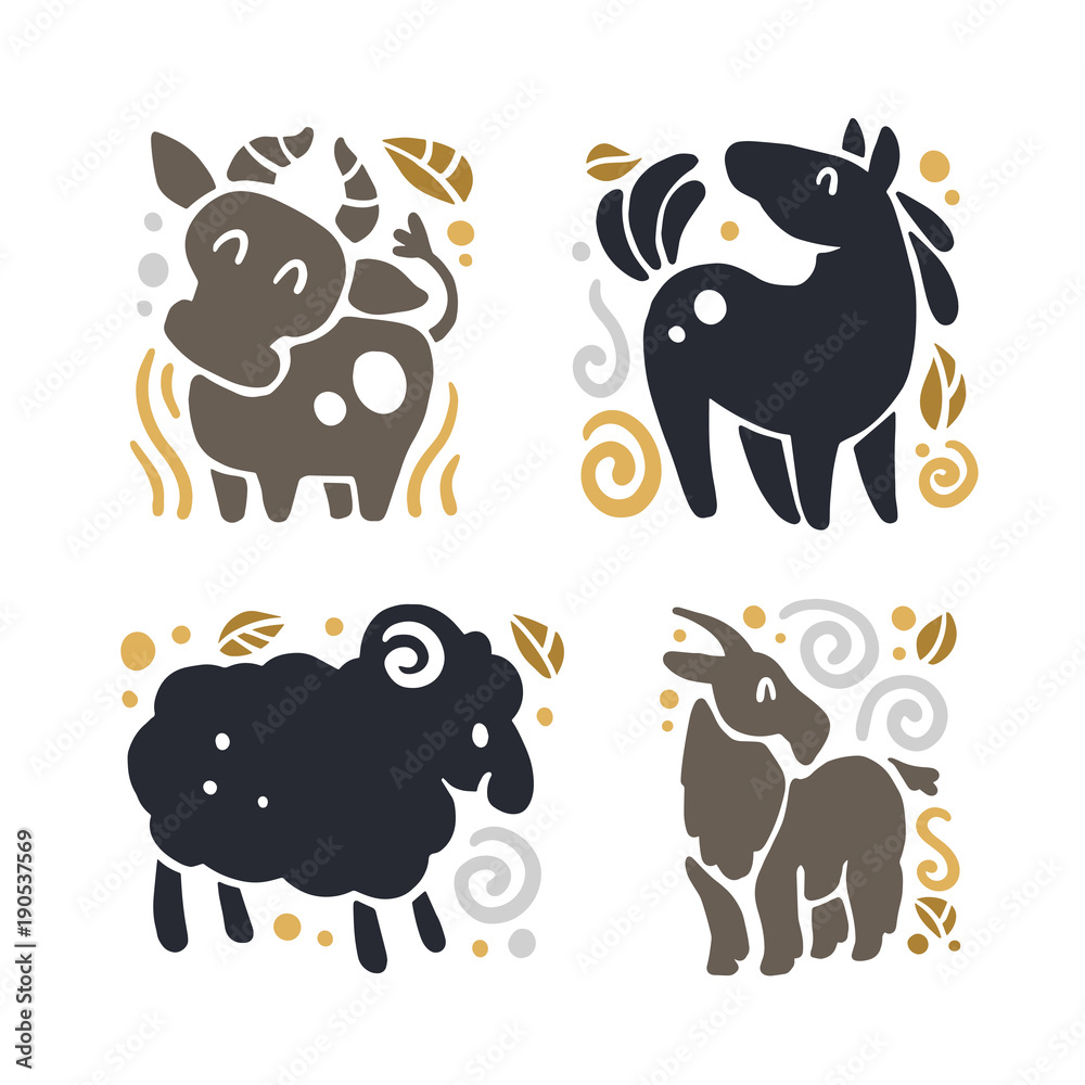 Fototapeta premium Vector flat cute funny hand drawn animal silhouette isolated on white background - cow, horse, sheep and goat. Perfect for children goods store logo insignia, kid clothes and accessory prints, zoo