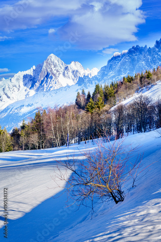 Beautiful landscape of snowy mountain view in Bellvue Saint-Gervais-les-Bains. One of Alps mountain top near Mont Blanc. Famoust place for winter sport like skiing with family and for recreation.