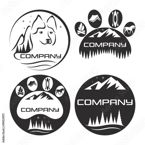 Dog and mountains and camping logo