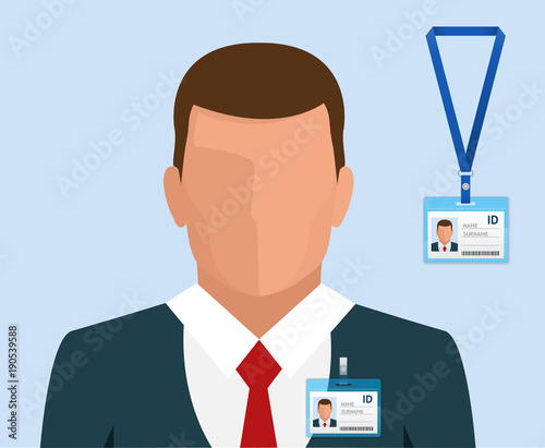 Man in suit with red tie and id badge Employees Identification White Blank Plastic Id Cards with Clasp in flat style