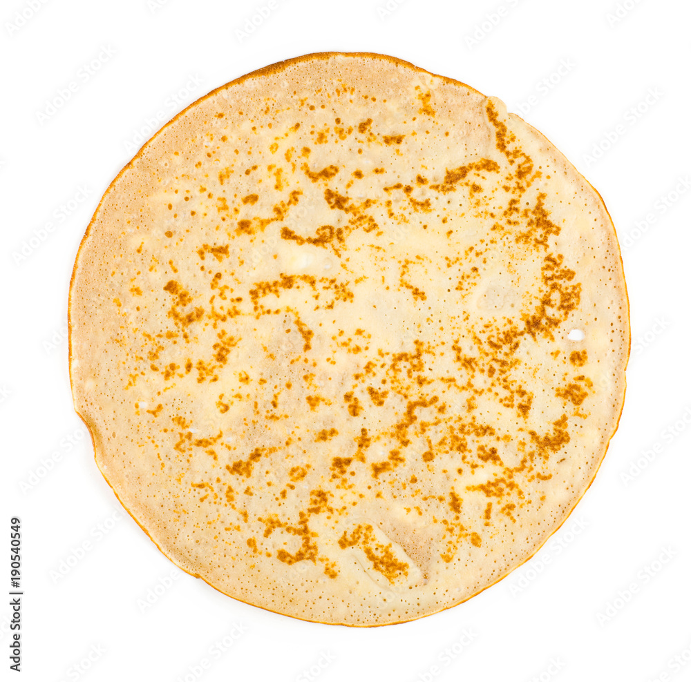 homemade russian pancake isolated on white background, close-up, top view