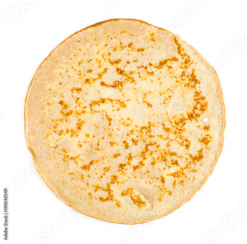 homemade russian pancake isolated on white background, close-up, top view