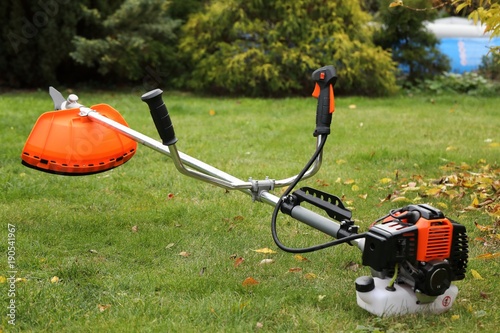 Brush cutter with leaf in autumn garden