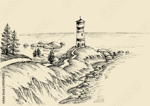 Beach drawing, a path to the lighthouse and beautiful sea view