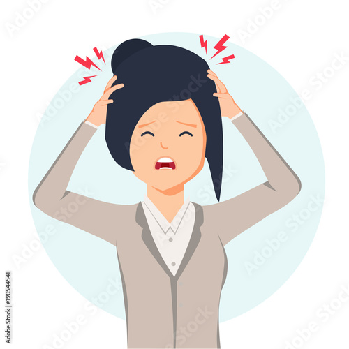 Woman having headache, migraine, pressing hand to her forehead, cartoon vector illustration isolated on background.