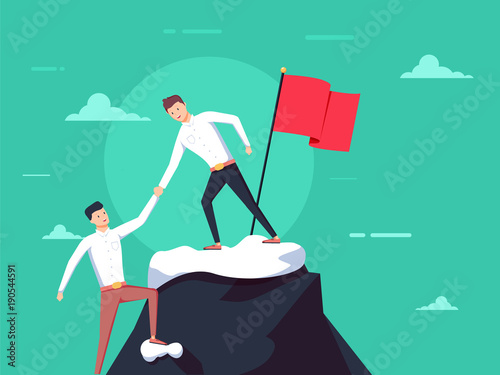 Teamwork concept. Two businessmen together rise on mountain with flag. Give help hand. Collaboration concept.