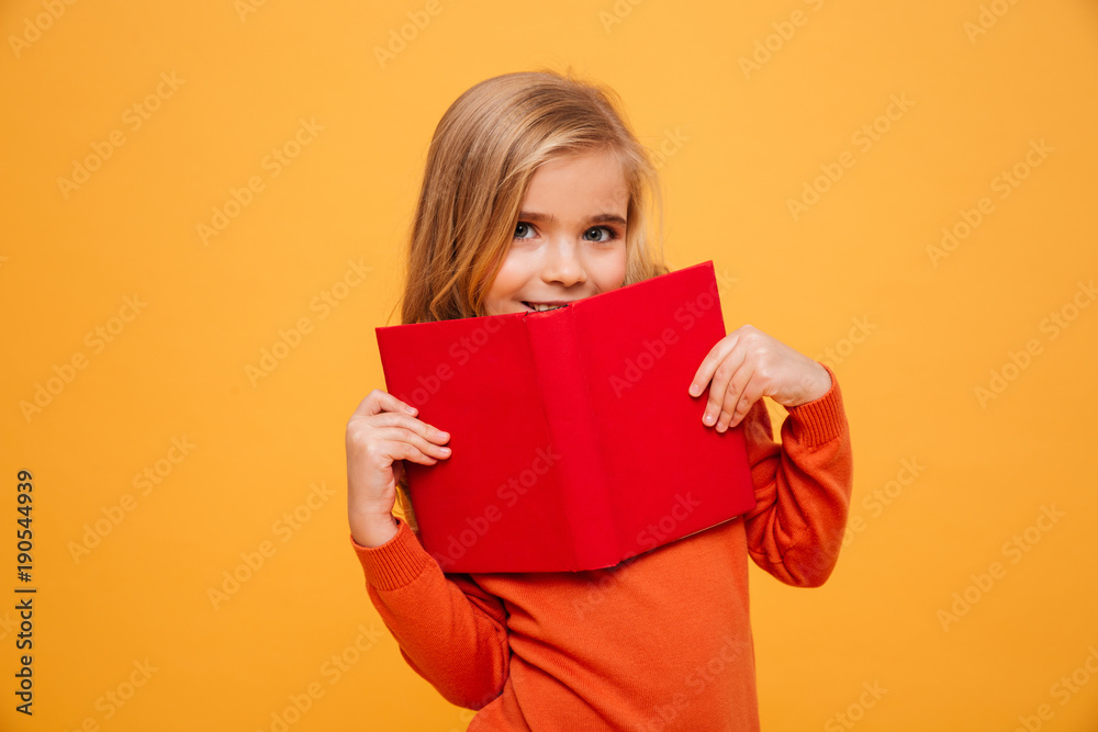 Smiling young girl in sweater hiding behind the book Smiling young girl in sweater hiding behind the book