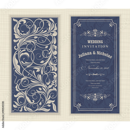 Wedding invitation cards  baroque style blue and beige. Vintage  Pattern. Retro Victorian ornament. Frame with flowers elements. Vector illustration.