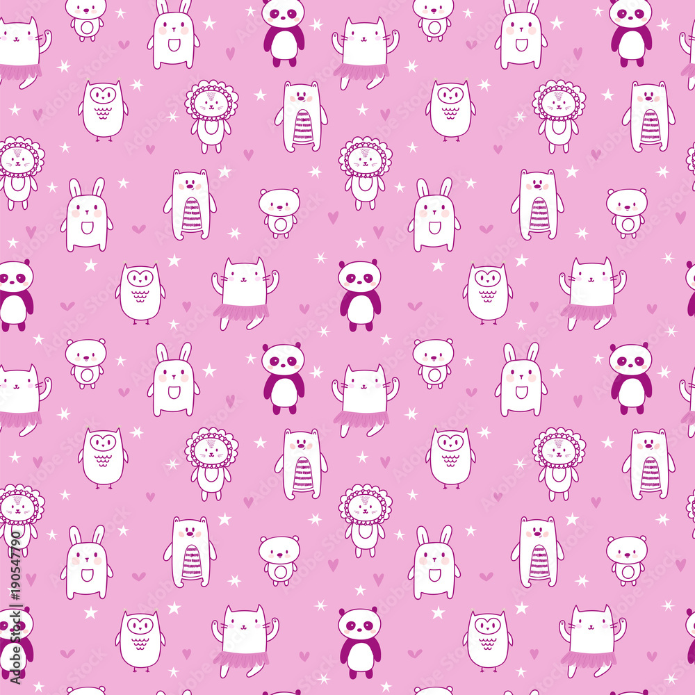 Background for cute little girls. Hand drawn seamless pattern for children with funny animals. Doodle children drawing background. Kids design