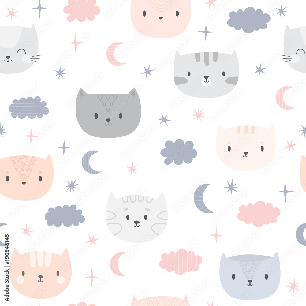 Cute seamless pattern for kids with cartoon little cats. Children background. Lovely animals