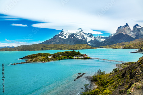Pehoe lake and Guernos mountains beautiful landscape, national park Torres del Paine, Patagonia, Chile, South America
 photo