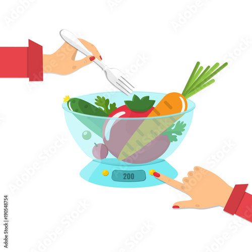 Vegetables on the kitchen scales. Diet concept