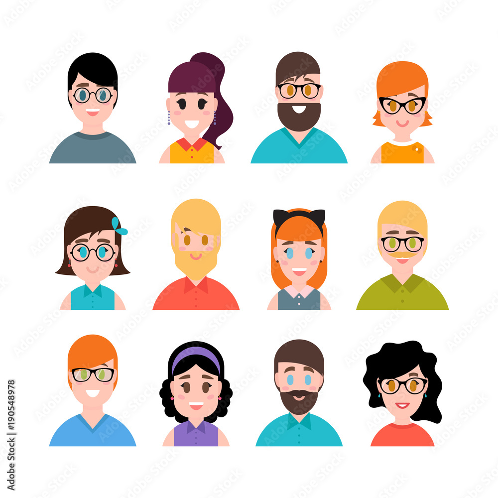 People avatars collection. Male and female portraits. Men, boys, girls and  women characters. Simple flat cartoon style Stock Vector | Adobe Stock