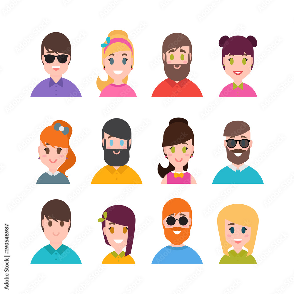 People avatars collection. Simple flat cartoon style. Male and female portraits. Men, boys, girls and women characters People avatars collection. Simple flat cartoon style. Male and female portraits. Men, boys, girls and women characters