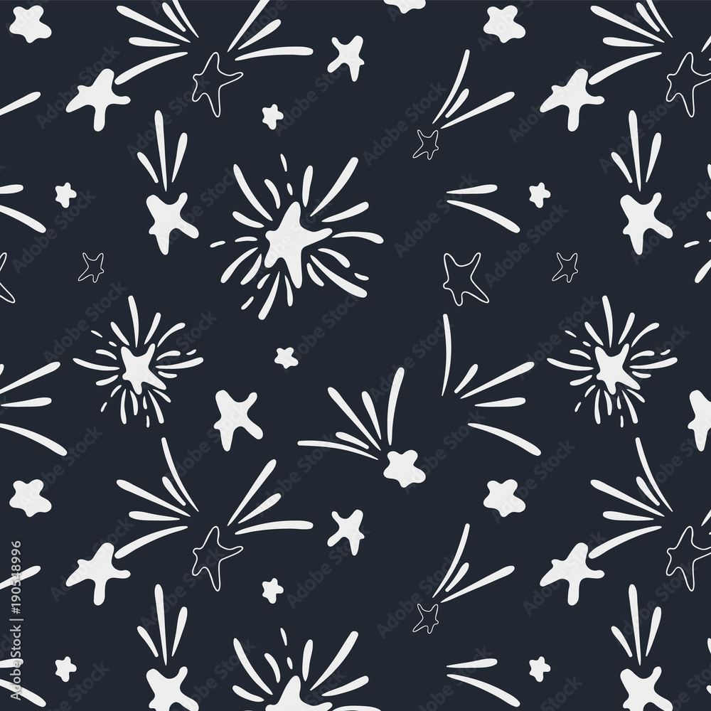 Pattern with different star in dark night sky. For dresses, manufacture, scrapbooking and textile.